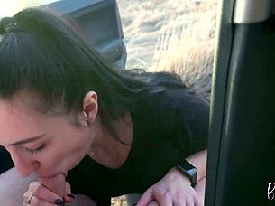 Will this ponytail girlfriend swallow cum after sucking huge cock in a car at sunset with her brown eyes sparkling?