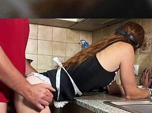 I feel so thrilled as naughty maid in stockings gets fucked hard while cooking in kitchen with intense moans