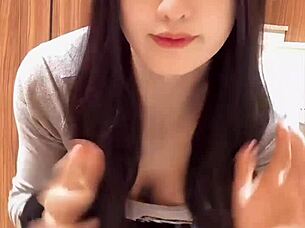 Hey, check out this Japanese shemale with beautiful curves quietly masturbating in a solo session