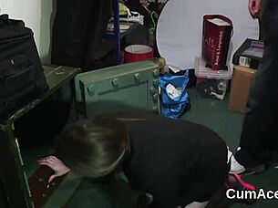 nasty centerfold gets jizz load on her face gulping all the sperm in this bizarre old blowbang bukkake scene