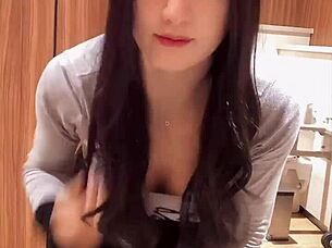 Hey, check out this Japanese shemale with beautiful curves quietly masturbating in a solo session