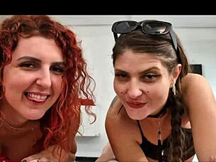 Petite Redhead Gives Double Blowjob With Creampie In Tight Pussy