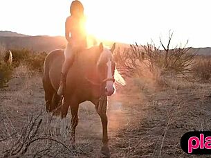 Watch this big ass curvy redhead milf expose her big tits and ride a horse outdoors!