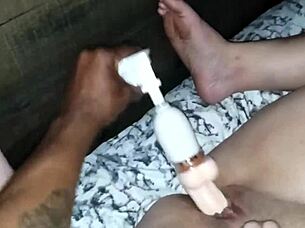 shaved wife gets wet pussy toyed in missionary close up