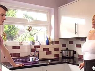 mature chubby blonde gives blowjob then bends over for doggystyle quickie in kitchen