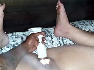 shaved wife gets wet pussy toyed in missionary close up