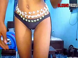 slim girl in bikini slays while tidying up her room including the visitor