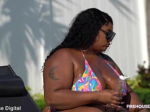 Pool Boy Scores Big with Ebony BBW Riding His Monster Cock by the Pool