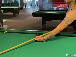 Pool game turns into a slutty blowjob with big tits and facial cumshot in the public toilet