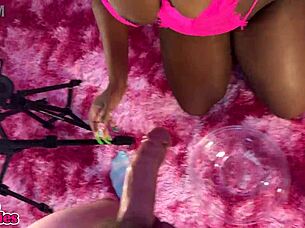 Can this ebony babe handle slurping that massive white cock in steamy POV interracial blowjob action?