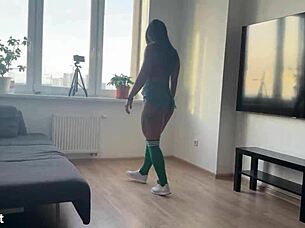 Beauty slips into stockings and shorts before getting fucked hard with massive creampie