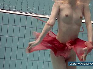 Hey, check out Katya Okuneva in her red dress by the pool