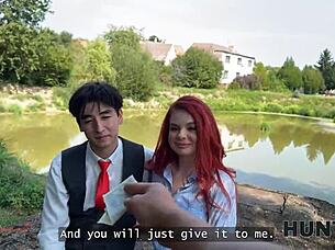 Slutty Redhead Miss Olivia Seduces Producer with Natural Tits and Perfect Body in Public