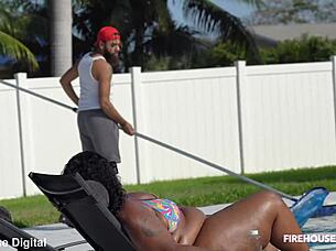 Pool Boy Scores Big with Ebony BBW Riding His Monster Cock by the Pool