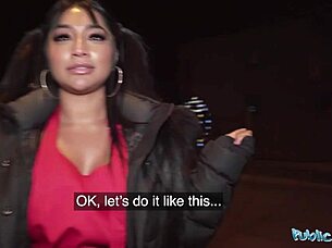 Public agent spots sexy Asian with fantastic tits and ass then seduces her outdoors.