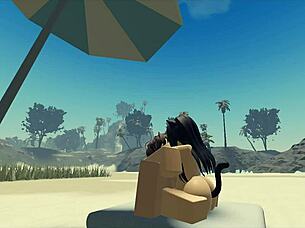 Having fun with my Roblox catgirl character at the beach setting