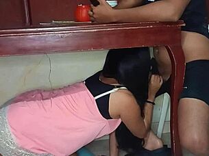 my secret lover hides under the table sucking cock