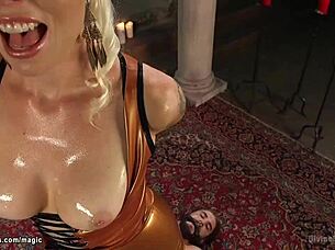 why is this oiled femdom in latex whipping that bound man?