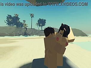 Having fun with my Roblox catgirl character at the beach setting
