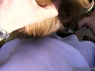 Suck it deep, blonde girlfriend tells boyfriend outdoors