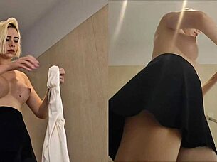 Blonde Amateur Goes Bra-Free in Dressing Room Try-On Haul with Upskirt Panties View