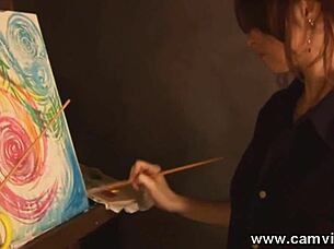 Painting the perfect pussy with close-up views of redhead stripping lingerie and panties slowly.