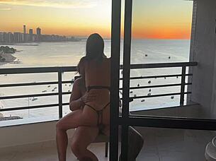 plump ebony babe rides passionately until he cums in sensual sunset session