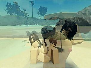 Having fun with my Roblox catgirl character at the beach setting