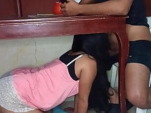 my secret lover hides under the table sucking cock