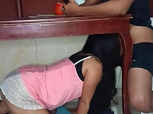 my secret lover hides under the table sucking cock