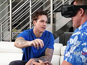 Man lost in metaverse while woman and young guy explore wild adventures together