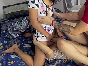 Brunette fucks while watching movies in orgy with HD subtitled Mexican Spanish