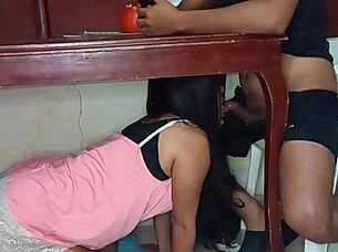 my secret lover hides under the table sucking cock