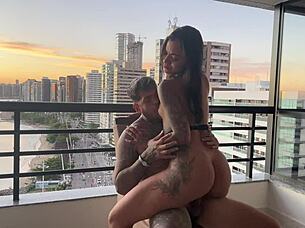 plump ebony babe rides passionately until he cums in sensual sunset session