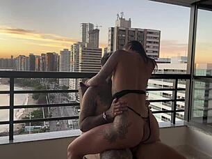 plump ebony babe rides passionately until he cums in sensual sunset session