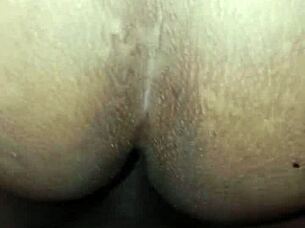 Aunty's creamy pussy gets filled in homemade doggystyle action. Big ass creampie follows intense fucking.