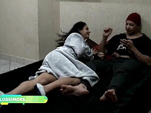 Young athletic girlfriend with tan lines enjoys sex with well-endowed boyfriend in dorm room.