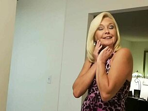 Shaved blonde housewife strips and sucks cock before rough creampie fuck.