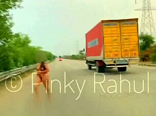 pinky takes on a bold naked dare flashing across busy indian highways in outdoor adventure