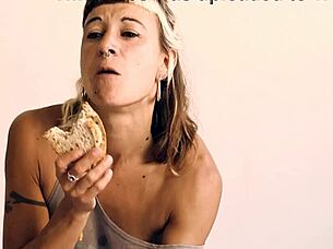 Isn't it thrilling to mix eating with reverse cowgirl fucking in this food fetish adventure?