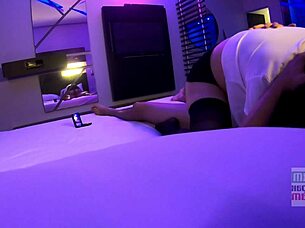 Bold secretary cuckolds husband by fucking huge cock in front of him.