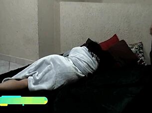 Young athletic girlfriend with tan lines enjoys sex with well-endowed boyfriend in dorm room.