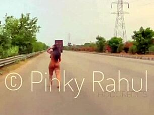 pinky takes on a bold naked dare flashing across busy indian highways in outdoor adventure