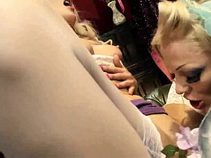 Dressed as lesbian fairies, Lou Lou and Cindy Behr with Charley Atwell lick pussies in stockings.