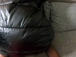 Cum Play On My NEW LONG BLACK SHINY PUFFY JACKET So Impotent Husband Licks!