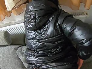 Cum Play On My NEW LONG BLACK SHINY PUFFY JACKET So Impotent Husband Licks!