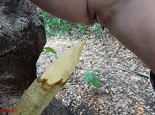 Perverted Slut Squirts Piss From Wooden Stake In Outdoor Forest Bbw Homemade Action