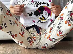 This skinny teen 18+ in pajamas shows off small tits while masturbating close up to a squirting orgasm.