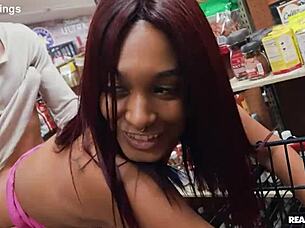 Redhead takes monster black cock in shop for massive facial cumshot