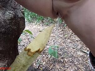 Perverted Slut Squirts Piss From Wooden Stake In Outdoor Forest Bbw Homemade Action
